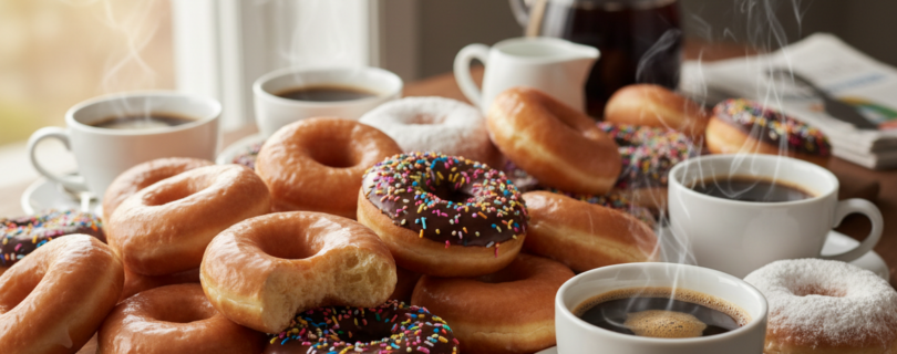 up close coffee and donuts, a bunch of them, like at a breakfast